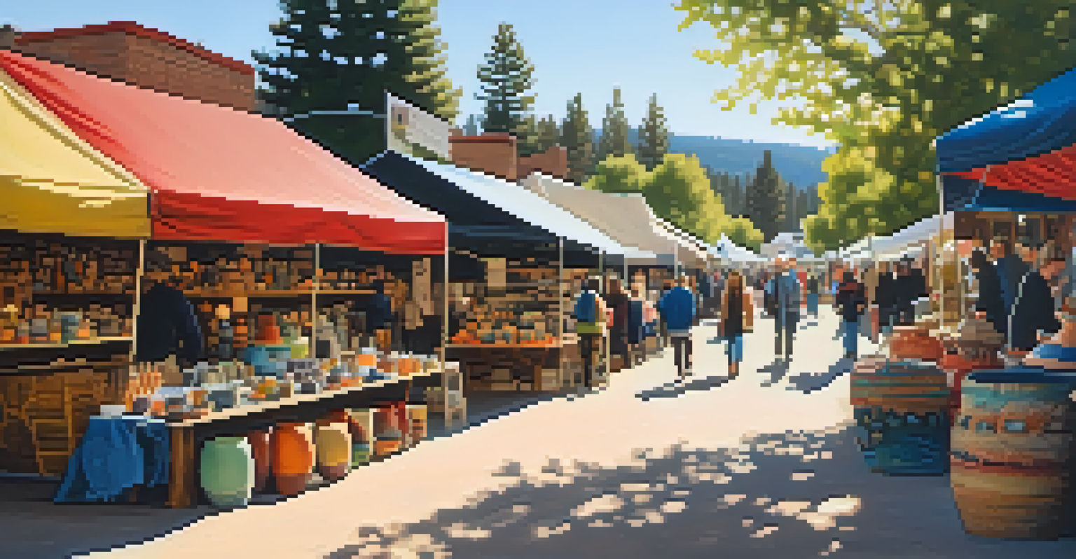An artisan market stall showcasing colorful handmade pottery, textiles, and artwork, with shoppers in a sunlit setting.