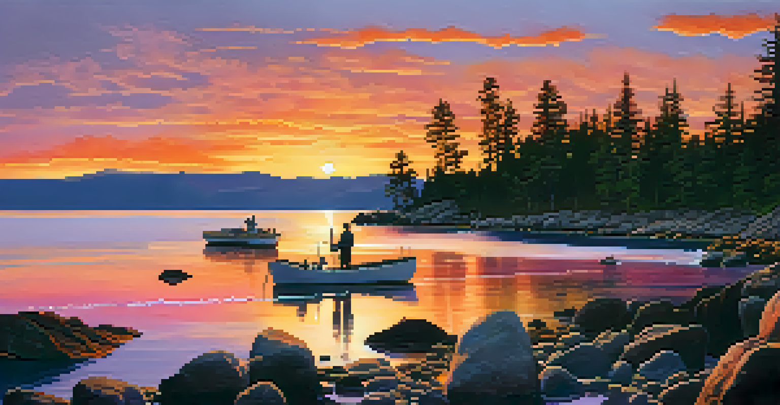 A beautiful sunset at Boulder Bay with anglers along the shore and colorful reflections in the water.