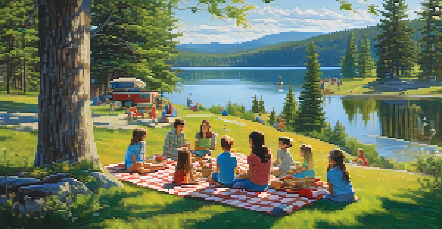Outdoor picnic scene at Big Bear's lodge with families enjoying by the lake, surrounded by trees and a clear blue sky.