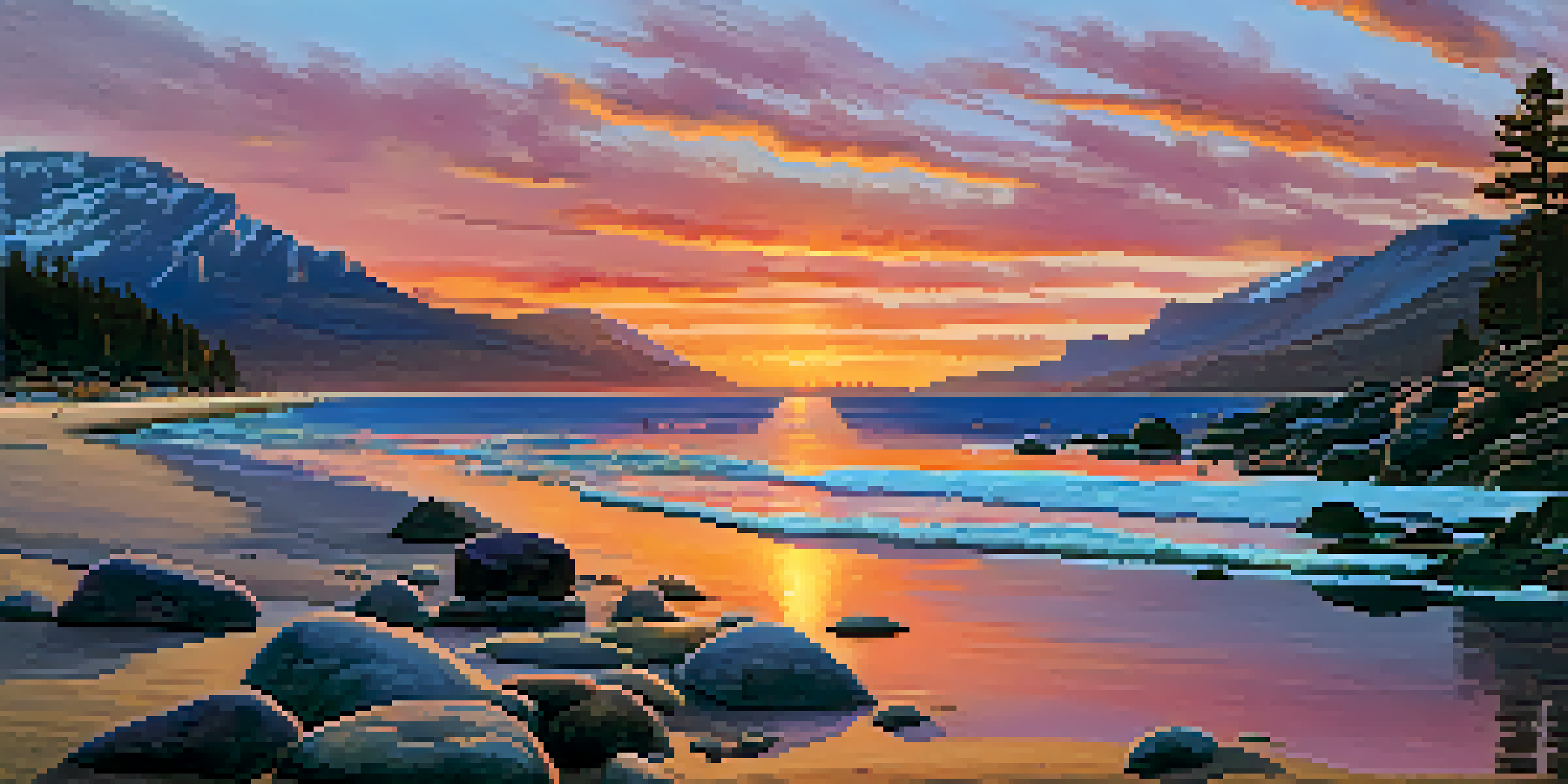 A stunning sunset scene at Boulder Bay with vibrant colors and a couple sitting on a blanket by the water.