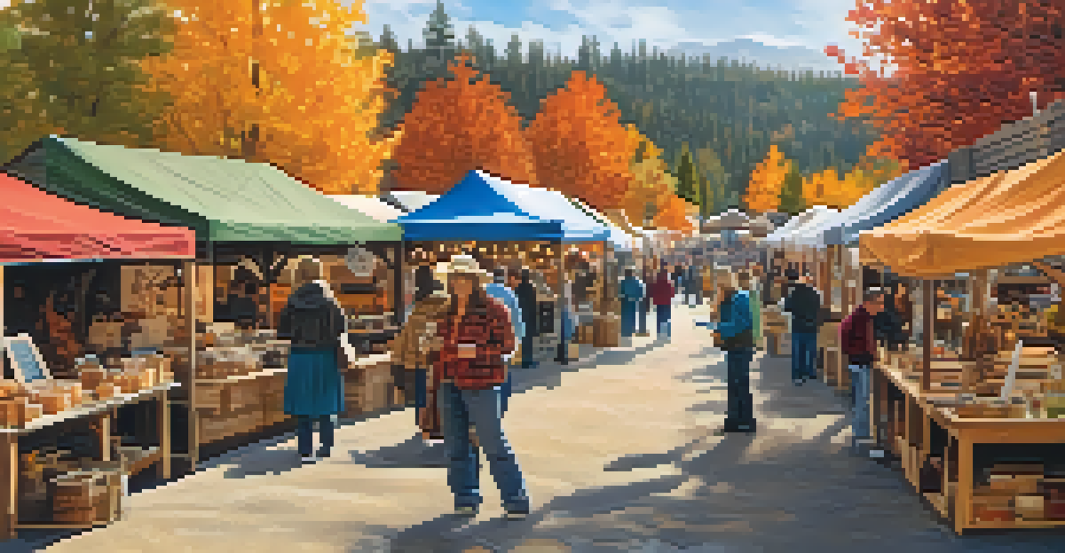 A crowded artisan market showcasing handmade crafts amidst autumn decorations.
