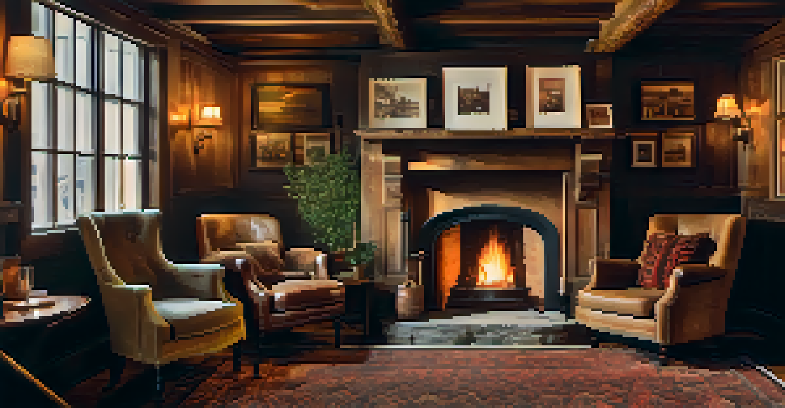 A cozy corner in the Old Bear Hotel with a vintage fireplace, plush armchairs, and historical photographs on the walls, creating a warm and inviting atmosphere.