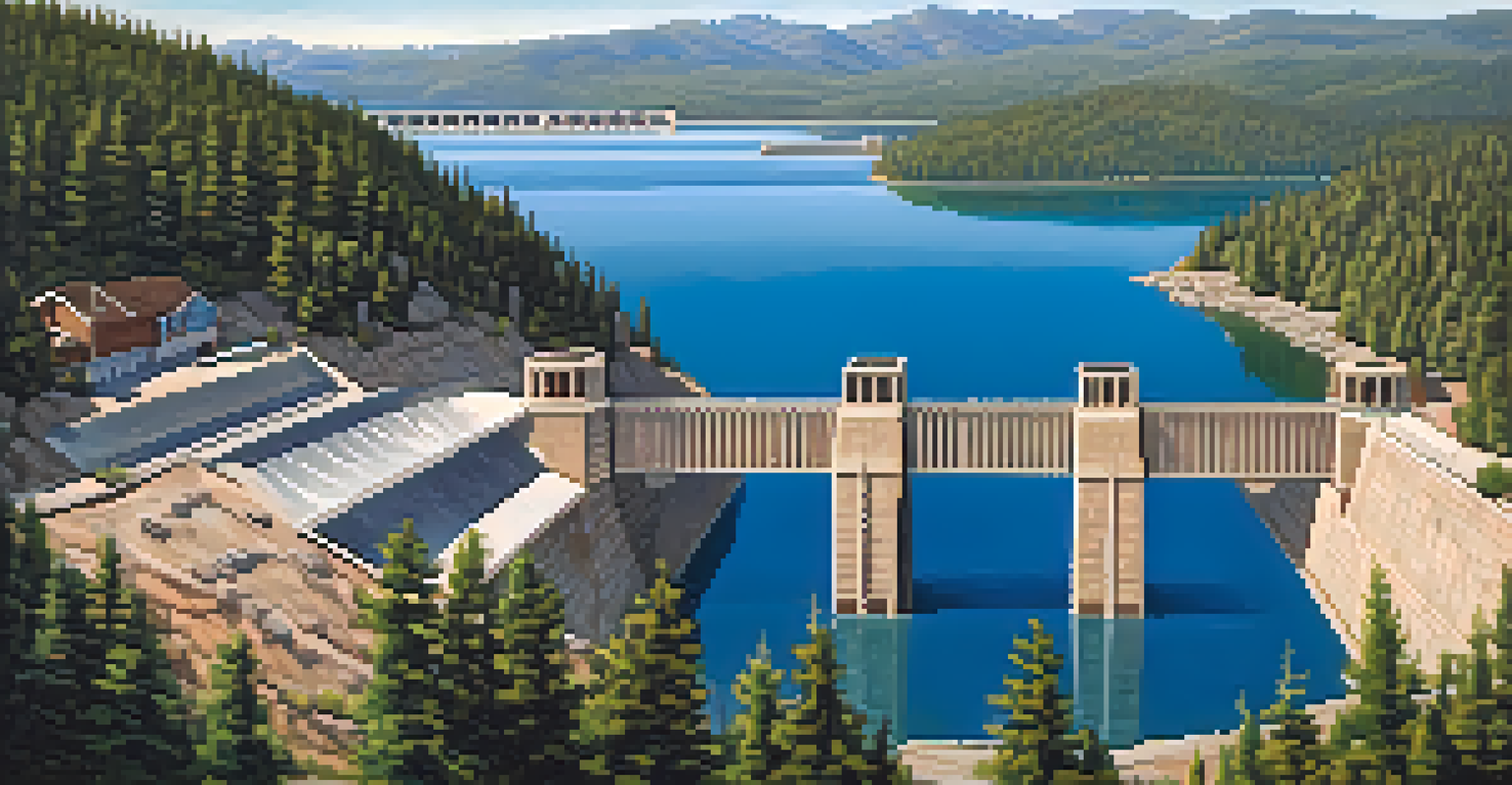 An aerial view of the Big Bear Lake Dam, showcasing its stone architecture surrounded by tranquil waters and mountains.