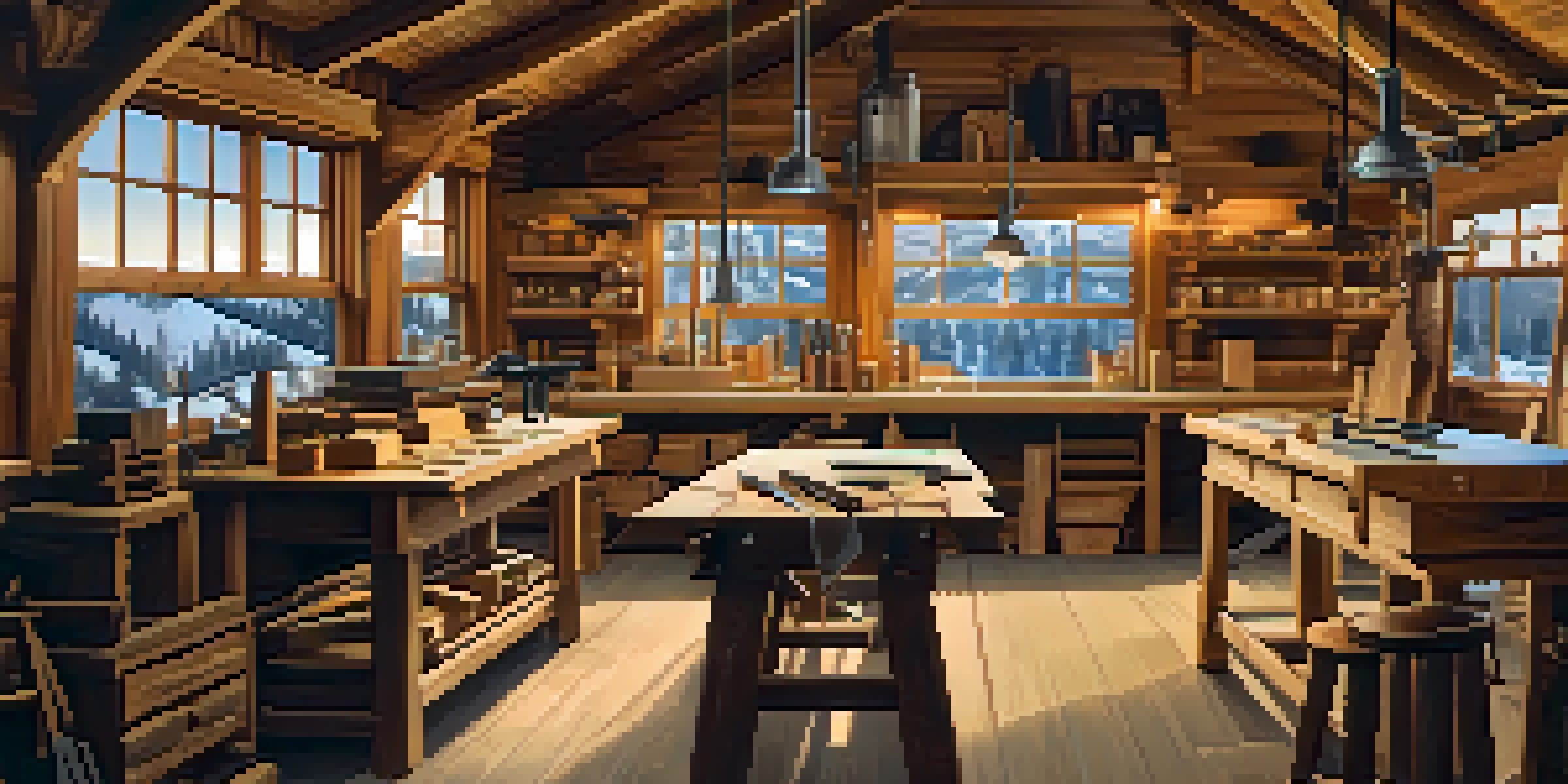A warm and inviting workshop in Big Bear with woodworkers crafting furniture, surrounded by tools and a scenic mountain view.