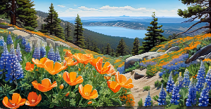 A colorful view from Castle Rock Trail with wildflowers and Big Bear Lake in the background.