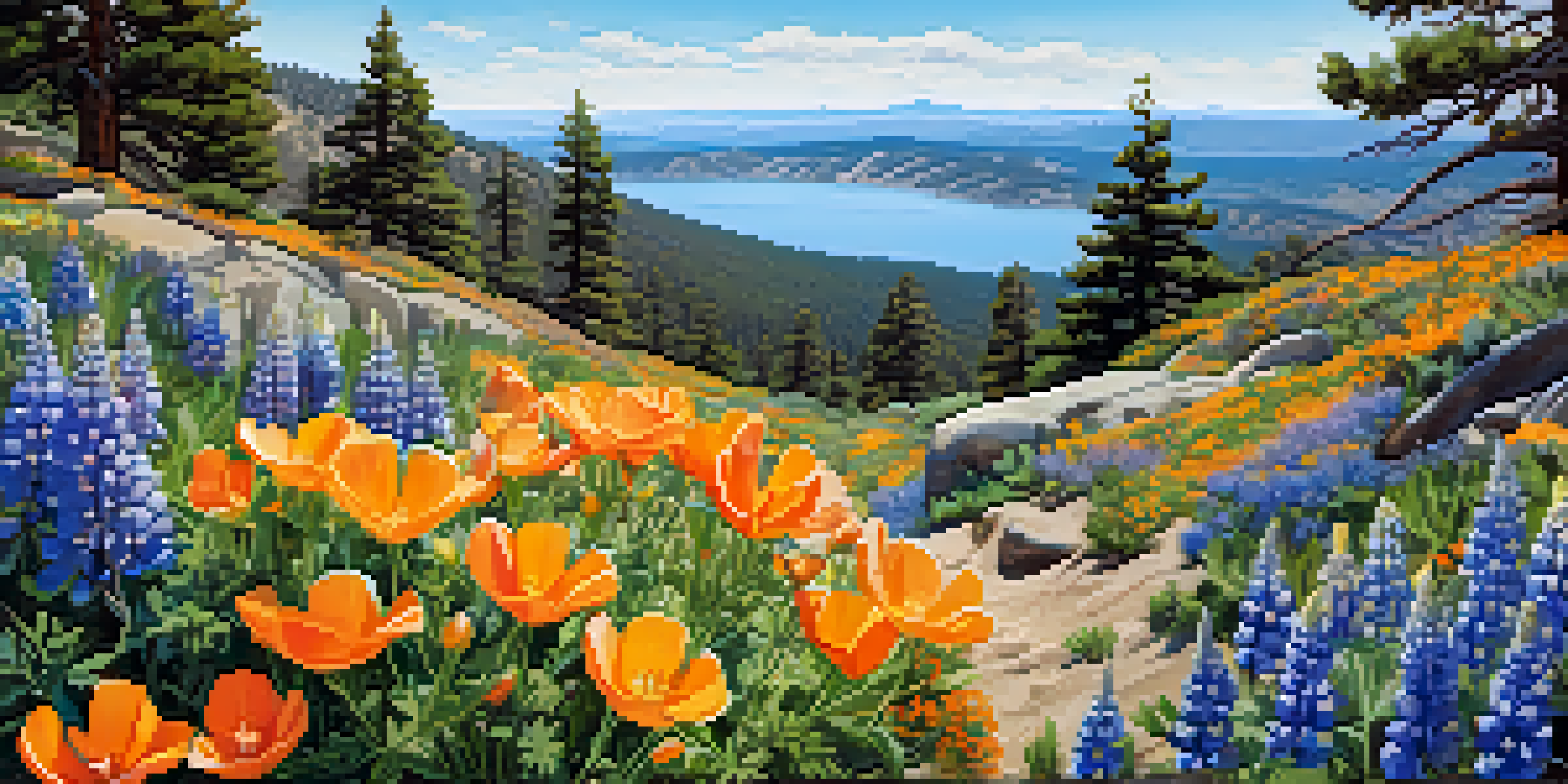 A colorful view from Castle Rock Trail with wildflowers and Big Bear Lake in the background.