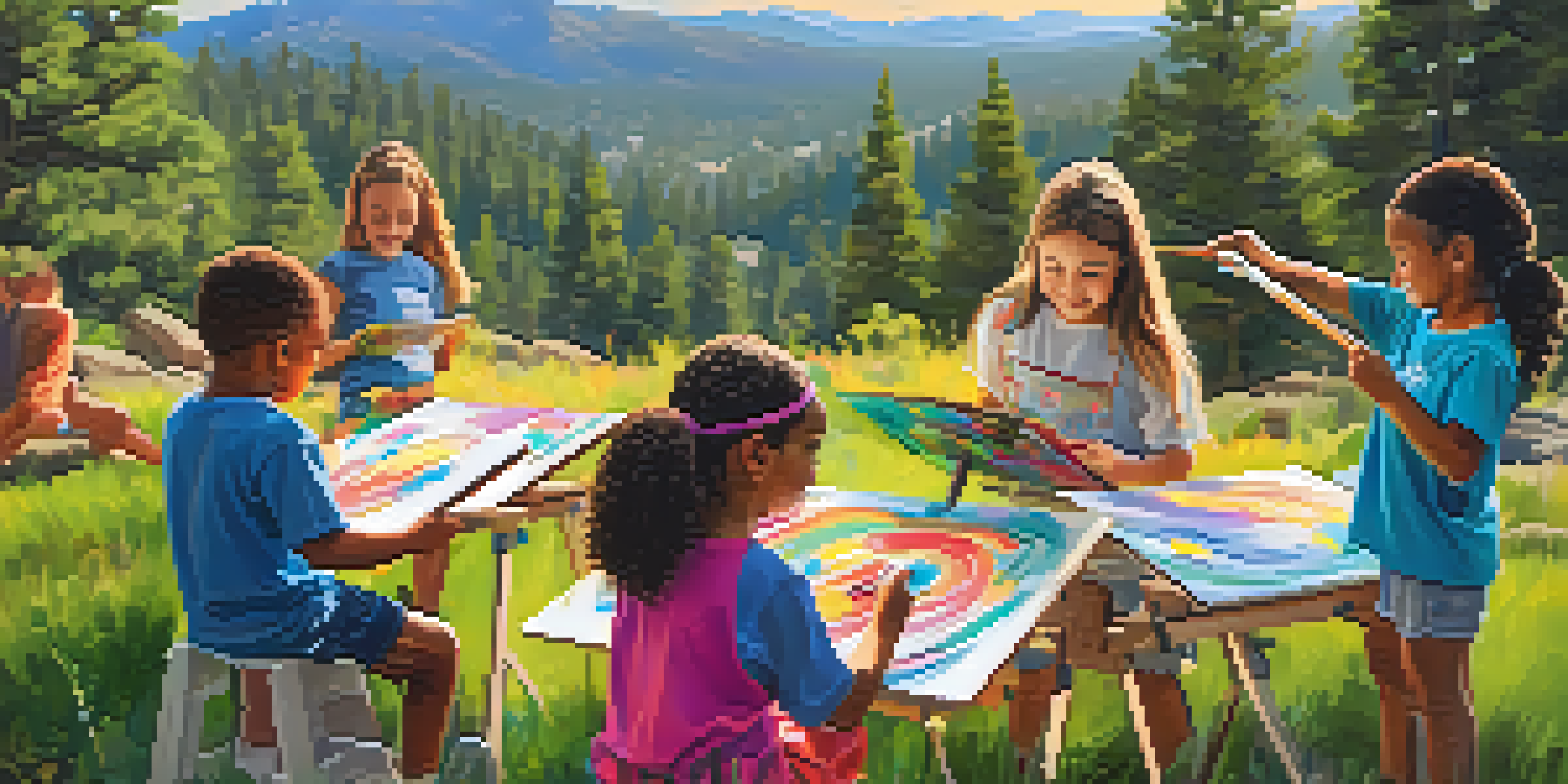 Children in an outdoor art class painting with bright colors in a beautiful natural setting, surrounded by trees and a sunset.