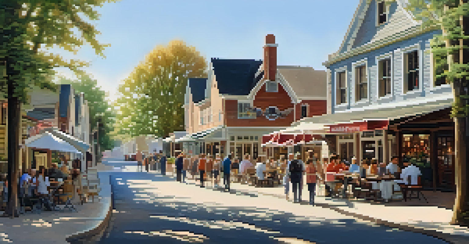 A lively street scene in Pine Knot Village, showcasing historic buildings and visitors enjoying outdoor cafes.