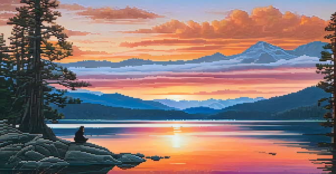 A peaceful sunset view over Big Bear Lake with reflection on the water, mountains in the background, and a person meditating on the shore.