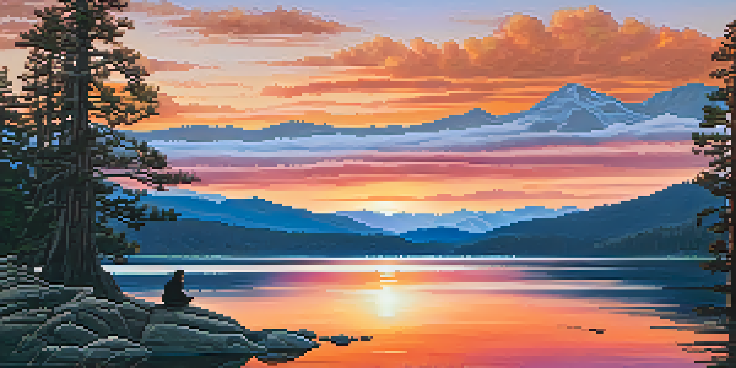 A peaceful sunset view over Big Bear Lake with reflection on the water, mountains in the background, and a person meditating on the shore.