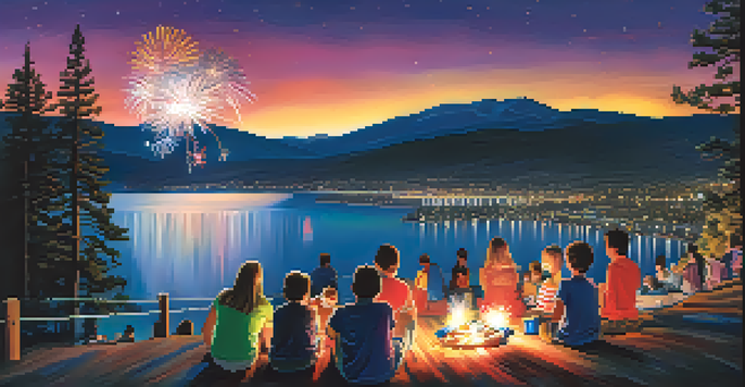 A panoramic view of Big Bear Lake with fireworks in the night sky, families enjoying the show on the shore.