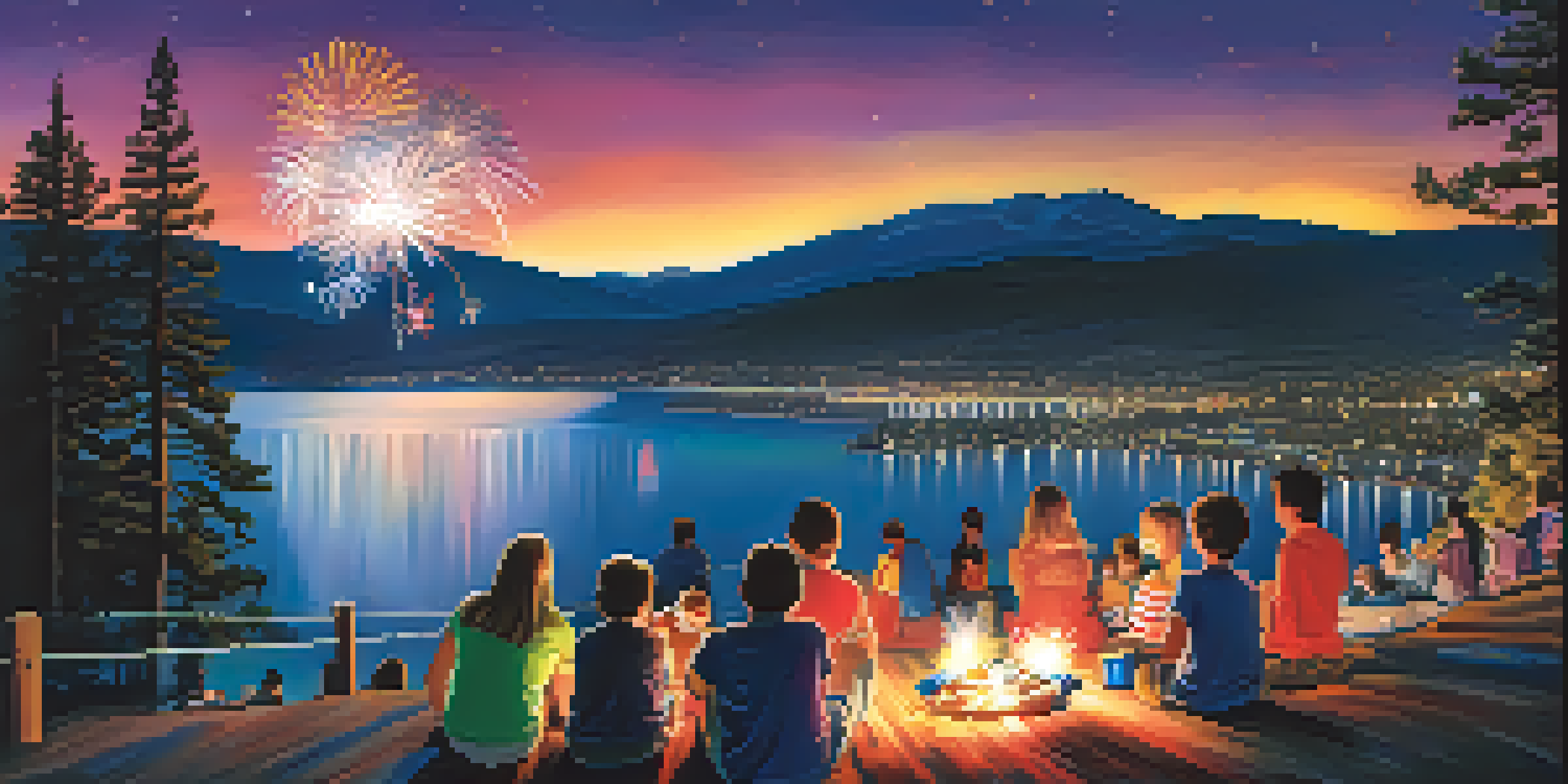 A panoramic view of Big Bear Lake with fireworks in the night sky, families enjoying the show on the shore.