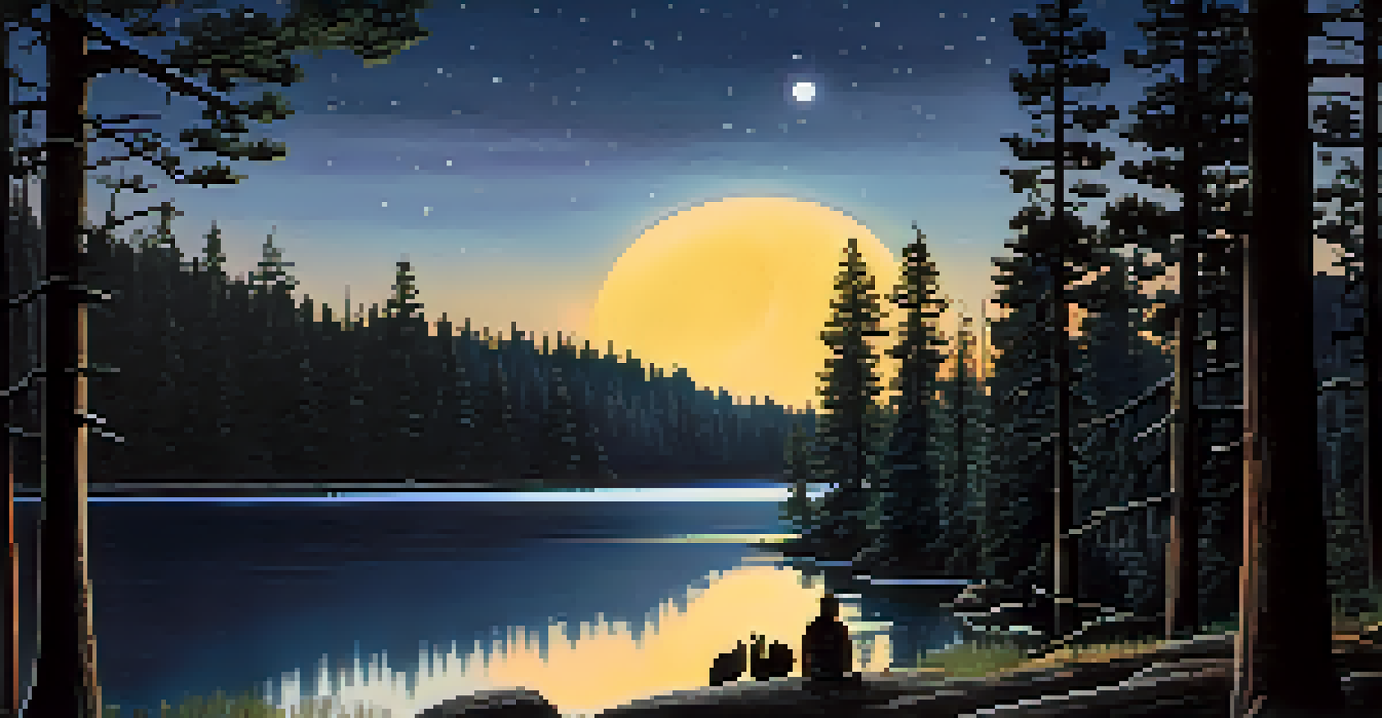 A nighttime view of a lake surrounded by pines, illuminated by moonlight and fireflies. A hiker admires the scenery, while the silhouette of the Big Bear Witch is visible among the trees.