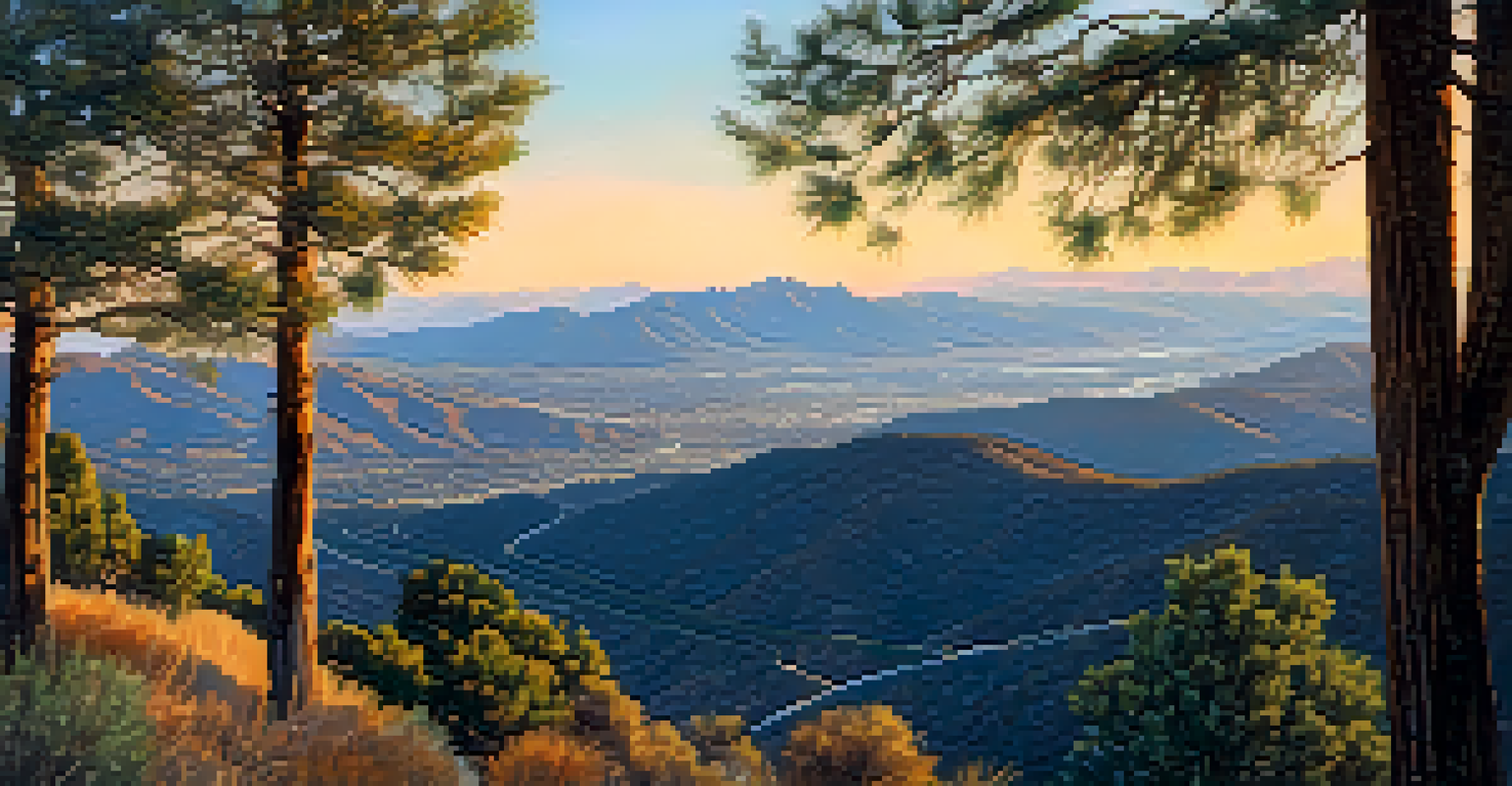 A panoramic view from Skyline Drive, featuring rugged mountains and a valley below during golden hour.