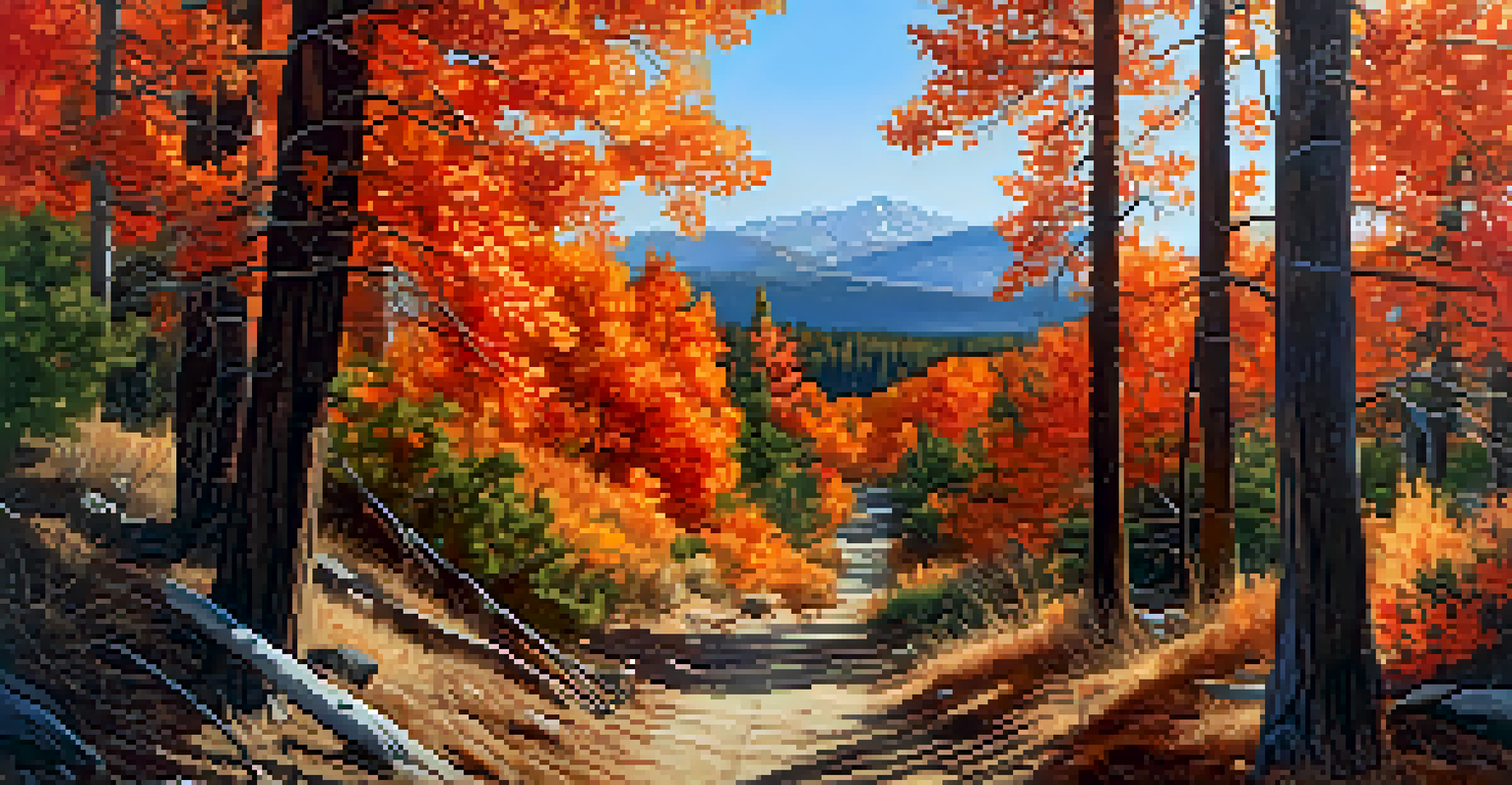 A hiking trail surrounded by trees with colorful autumn leaves in shades of orange and red under a blue sky.