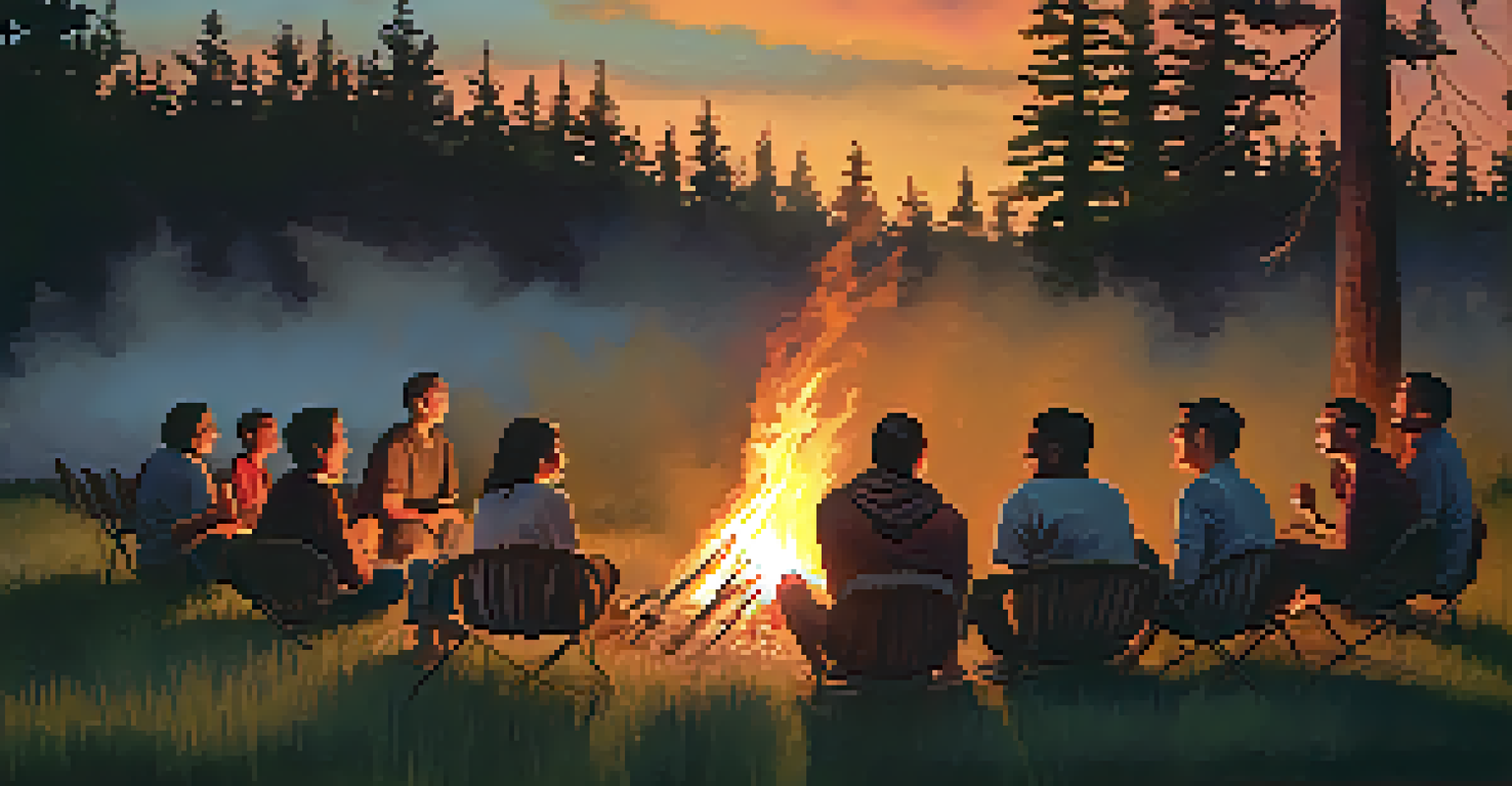 A group of people enjoying a bonfire at sunset, sharing laughter and stories in a forest setting.