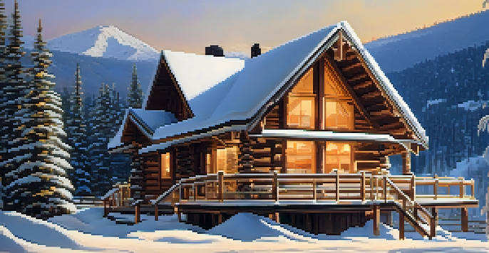 A cozy wooden cabin in a snowy landscape at Big Bear Lake with ski equipment in front and mountains in the background.