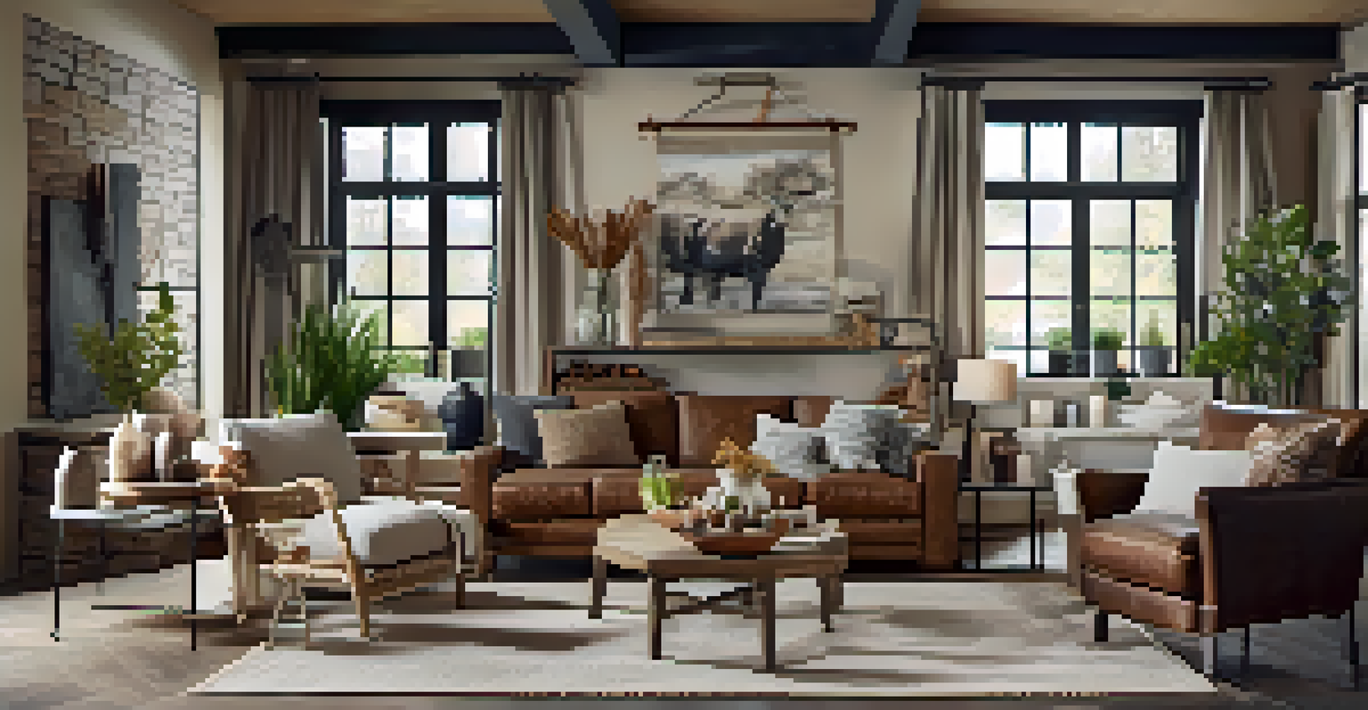 A rustic home decor store display featuring a mix of modern and traditional furniture, textiles, and art in a warm, inviting light.