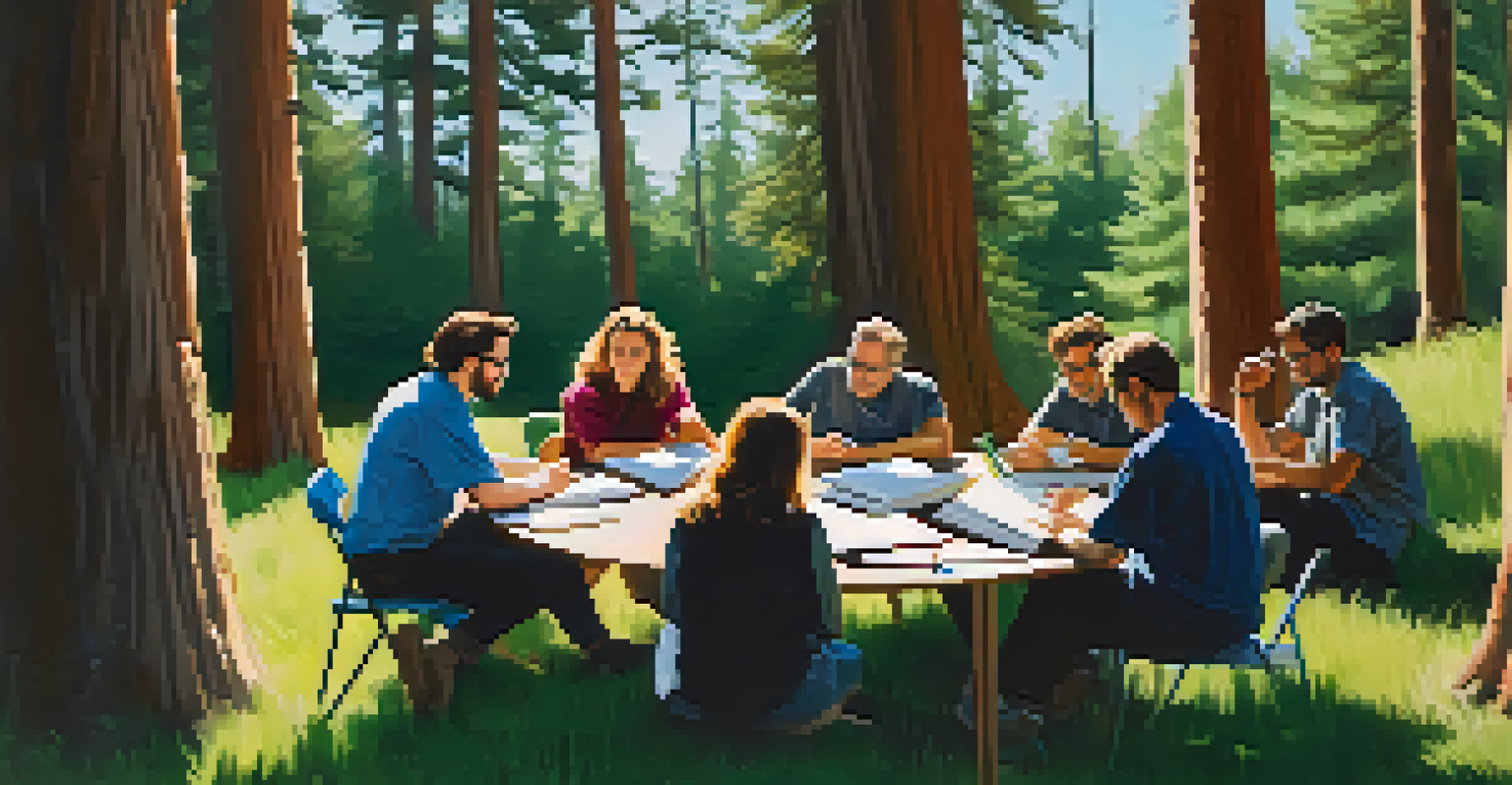 Writers participating in an outdoor workshop under tall pine trees, surrounded by greenery and a blue sky, each with notebooks and pens.