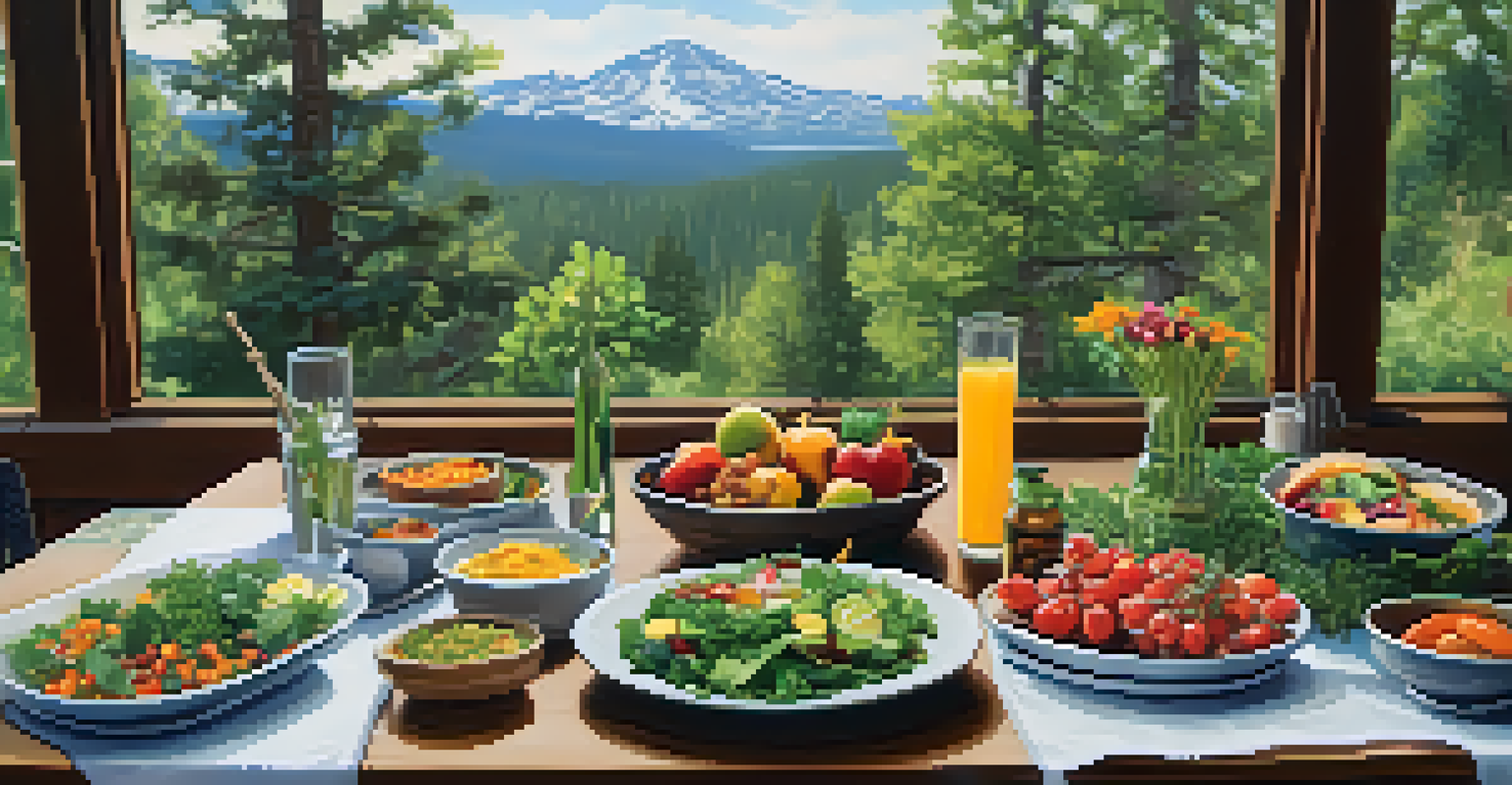 An outdoor dining table set with fresh, colorful ingredients in Big Bear, surrounded by greenery and mountains in the background.