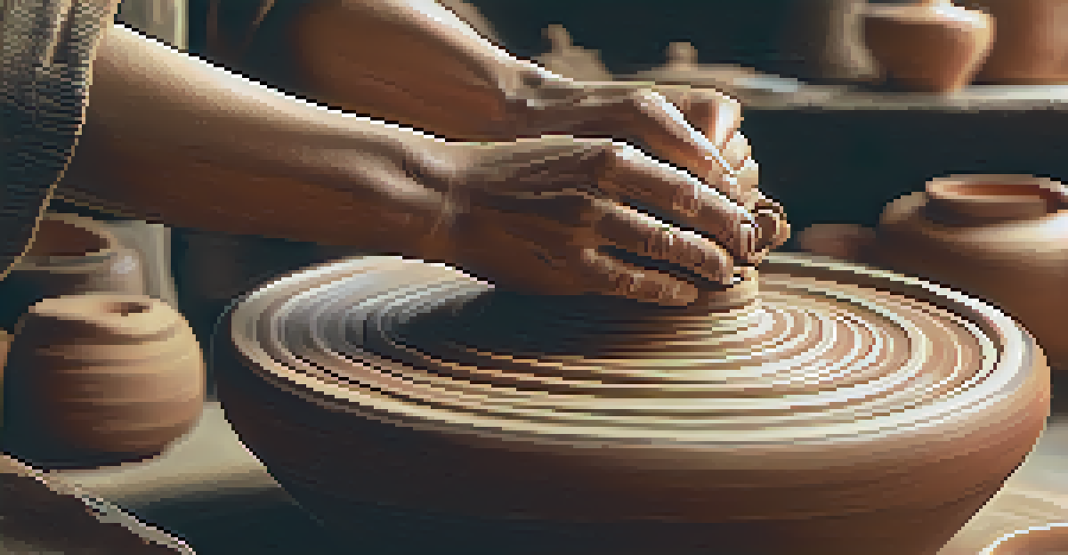 Close-up of a potter's hands molding clay on a pottery wheel, with various pottery styles in the background, illuminated by soft warm lights.