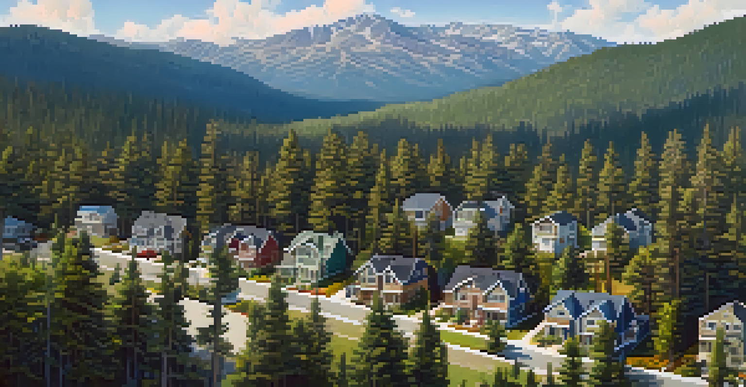 Aerial view of a Big Bear neighborhood with various houses surrounded by pine trees and mountains in the background.
