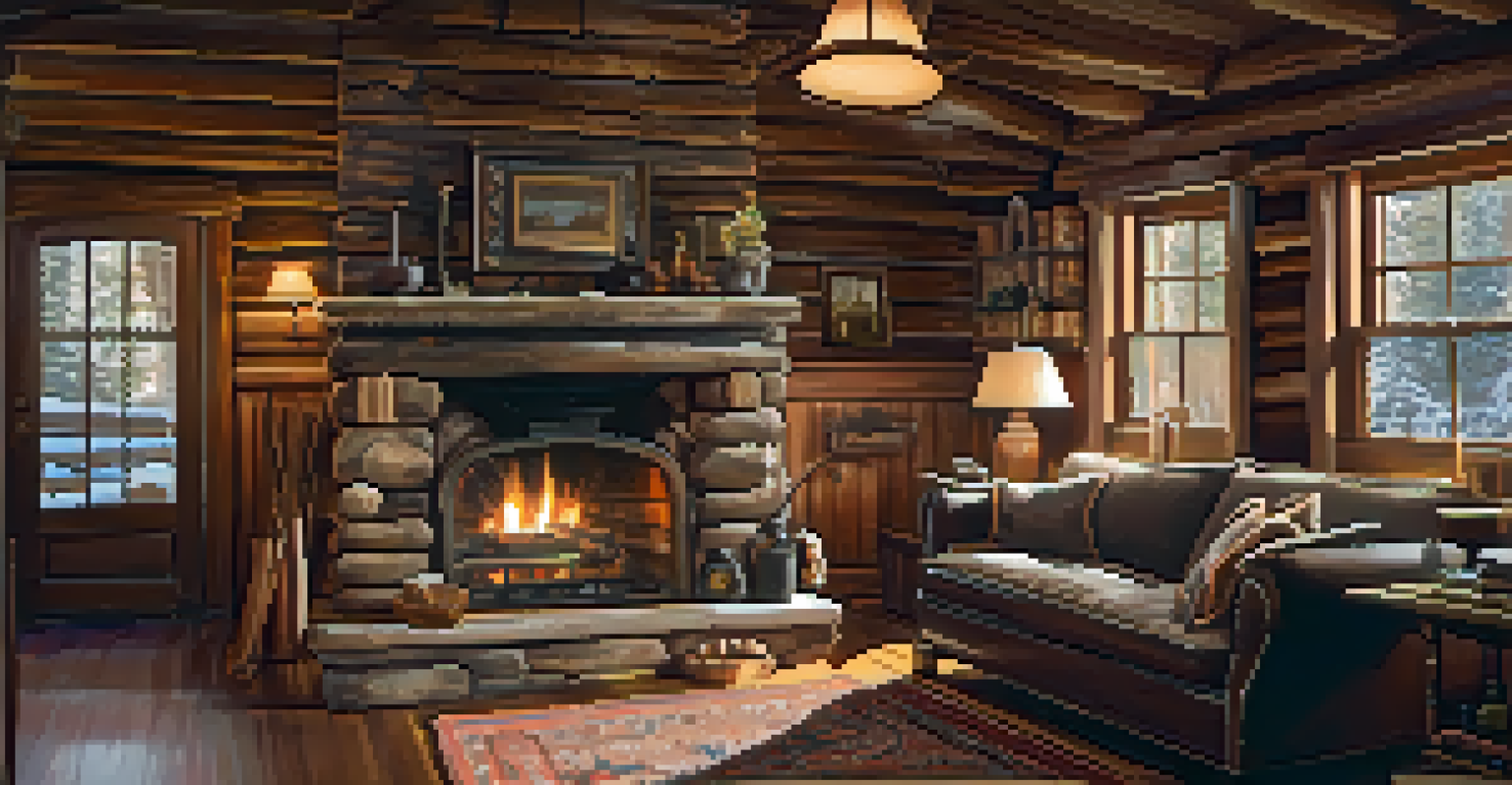 The warm interior of a historic cabin featuring a cozy living room with a fireplace, vintage furniture, and natural light streaming through a window.