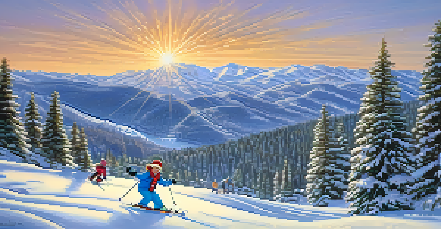 A family skiing on a snowy slope in Big Bear, with children playing in the snow and a backdrop of snow-covered mountains.