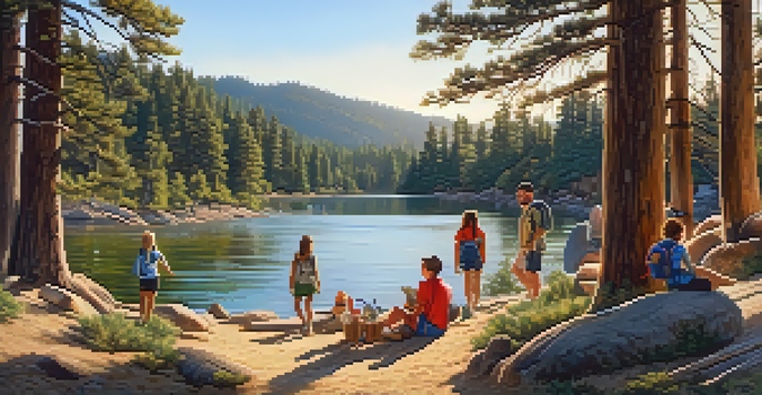 A scenic view of Big Bear Lake with families enjoying outdoor activities amidst tall pine trees and warm sunlight.