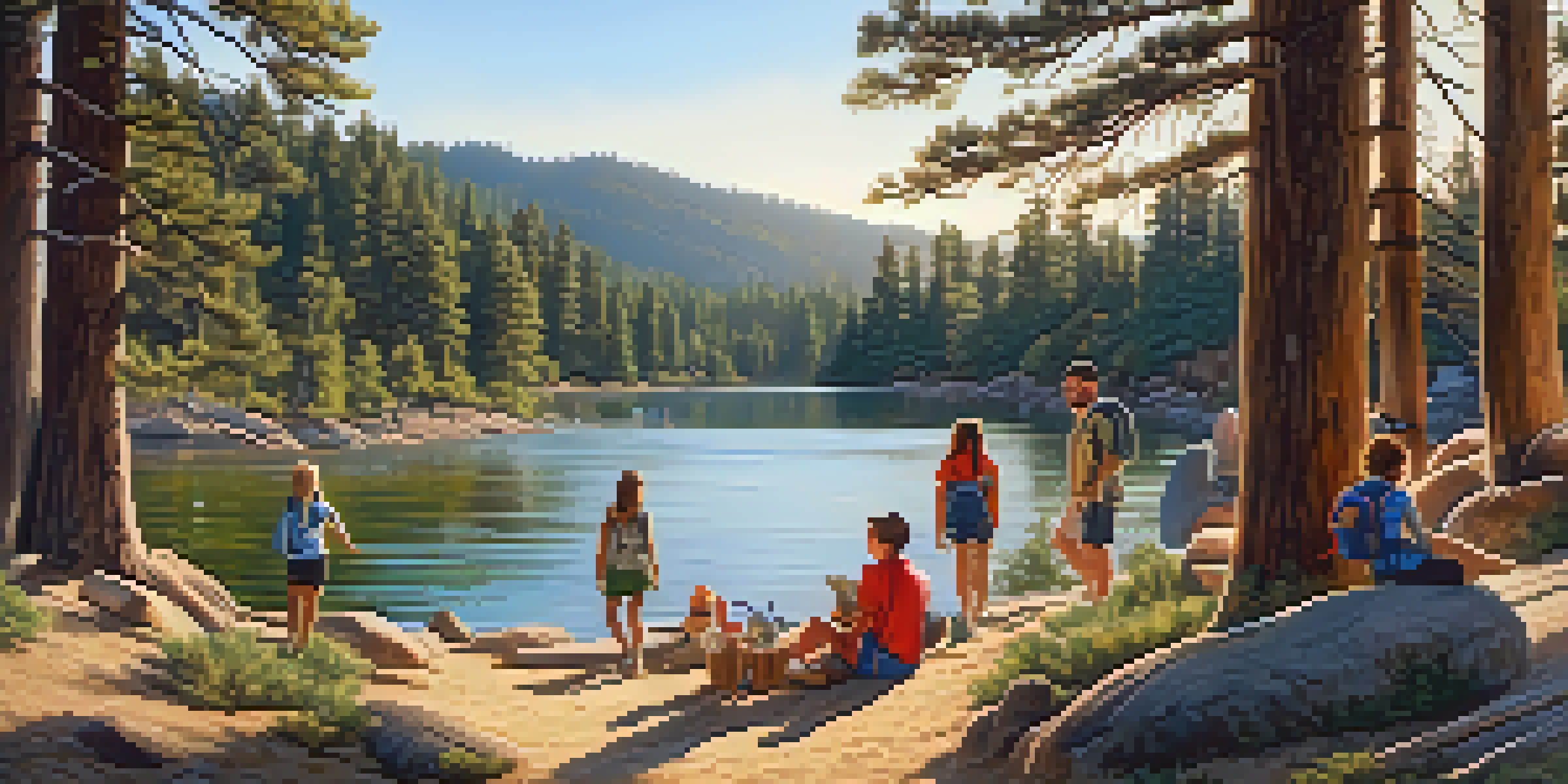 A scenic view of Big Bear Lake with families enjoying outdoor activities amidst tall pine trees and warm sunlight.