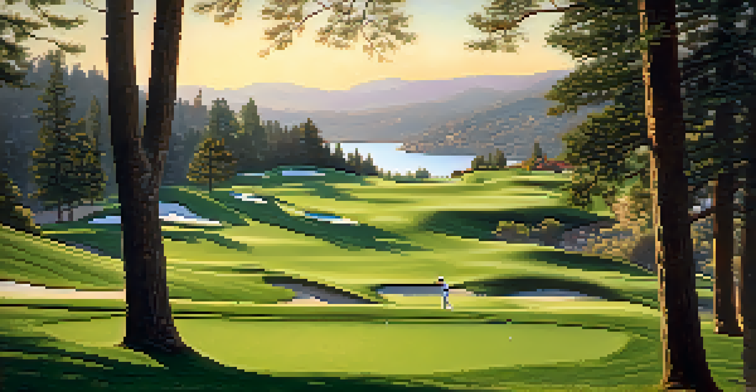 A golfer swinging on the green at Lake Arrowhead Country Club with lake and hills in the background.