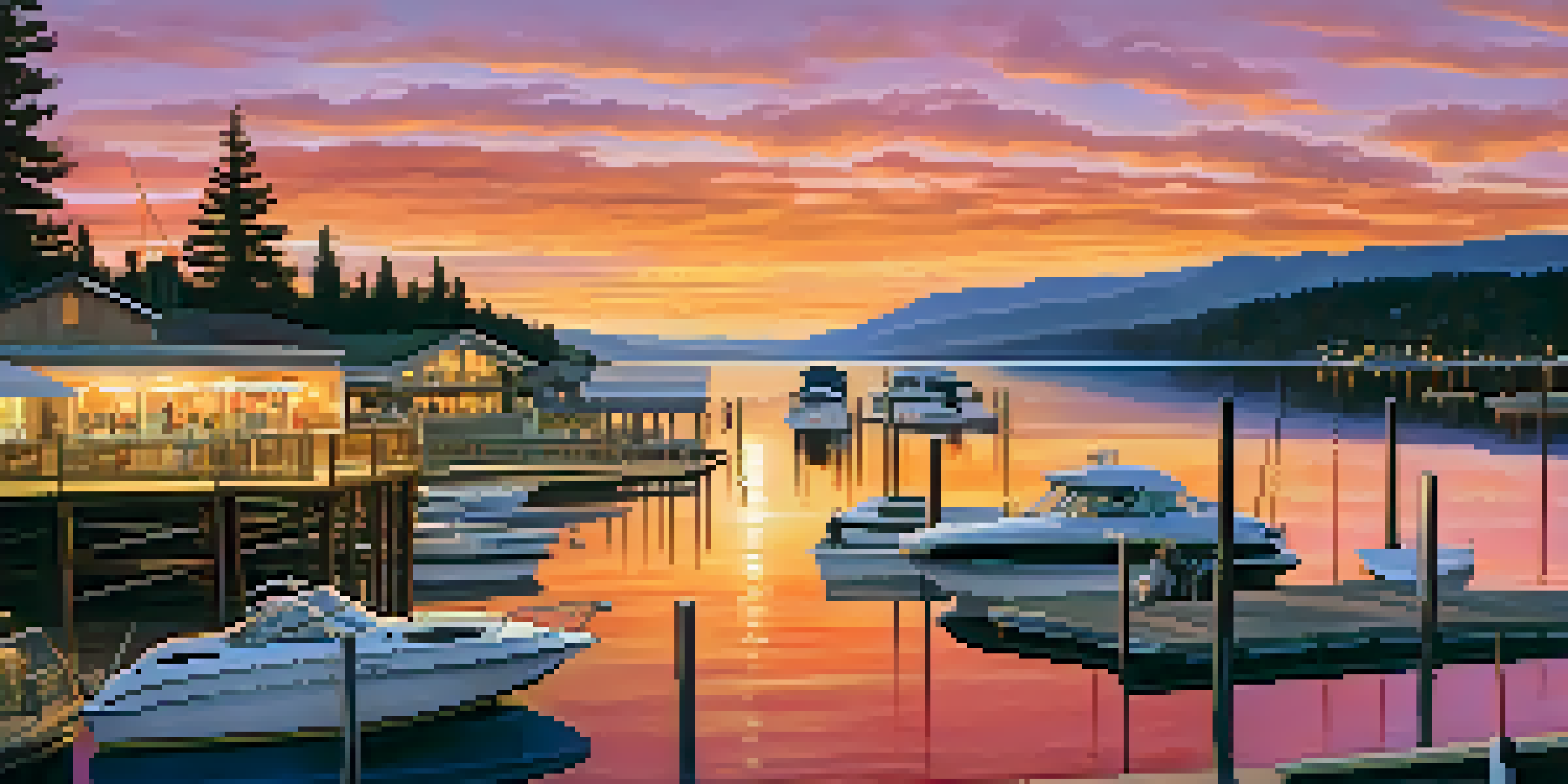 Couples enjoying a romantic sunset at Big Bear Lake Marina, with vibrant colors in the sky and peaceful waters reflecting the scene.