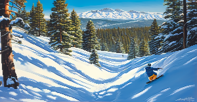 A winter landscape with beginners snowboarding at Big Bear Resorts, featuring snow-covered slopes and blue skies.