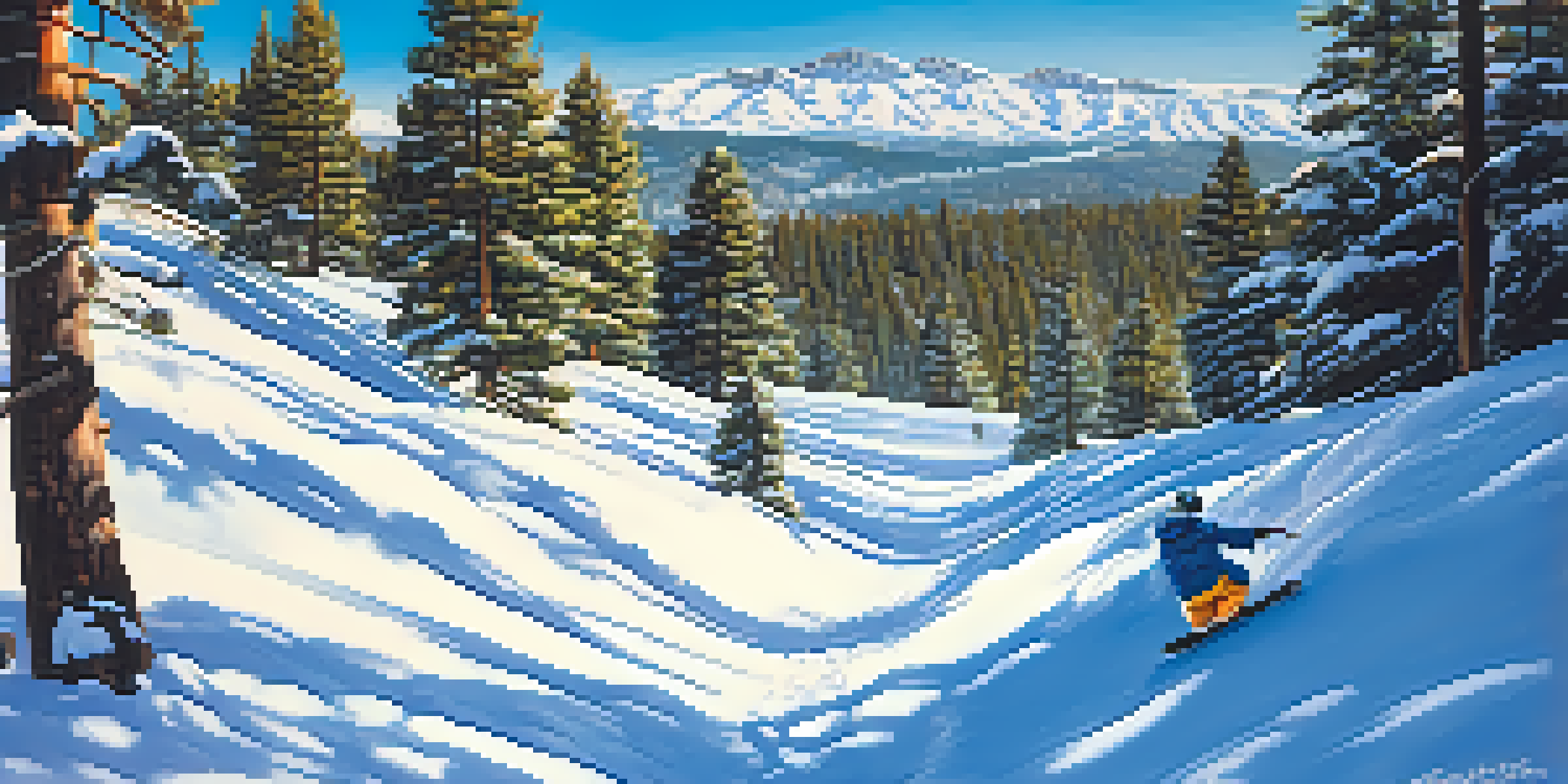 A winter landscape with beginners snowboarding at Big Bear Resorts, featuring snow-covered slopes and blue skies.