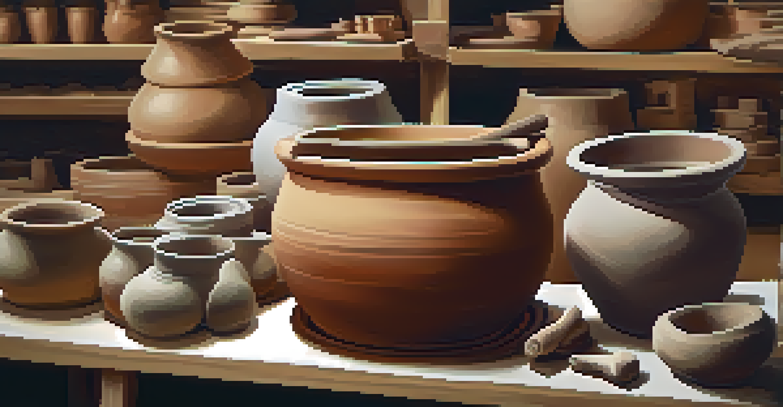 A close-up view of hands shaping clay on a potter's wheel in a workshop, surrounded by pottery tools and finished pieces, highlighting the art of pottery.