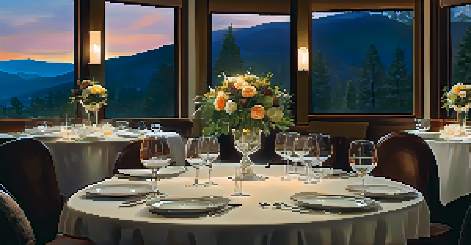 An elegant dining table in a fine dining restaurant in Big Bear, adorned with gourmet dishes and candlelight.