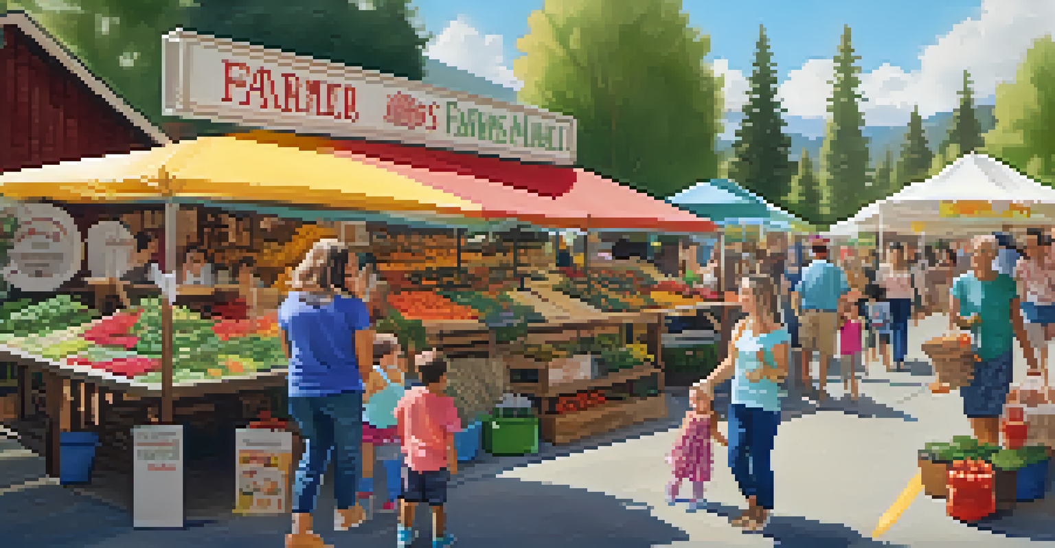 A family at a farmers market with children participating in crafts and face painting, surrounded by a lively community atmosphere.