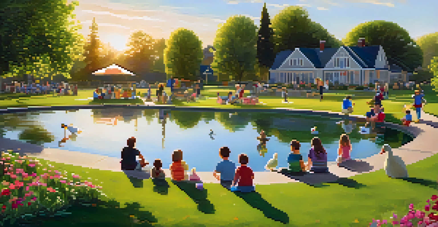 A family picnic at Meadow Park, surrounded by green lawns, flowers, a pond with ducks, and a playground.