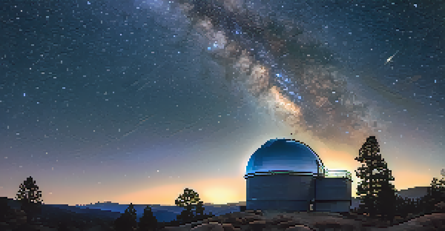 The night sky filled with stars and the Milky Way over the Big Bear Observatory with a telescope.