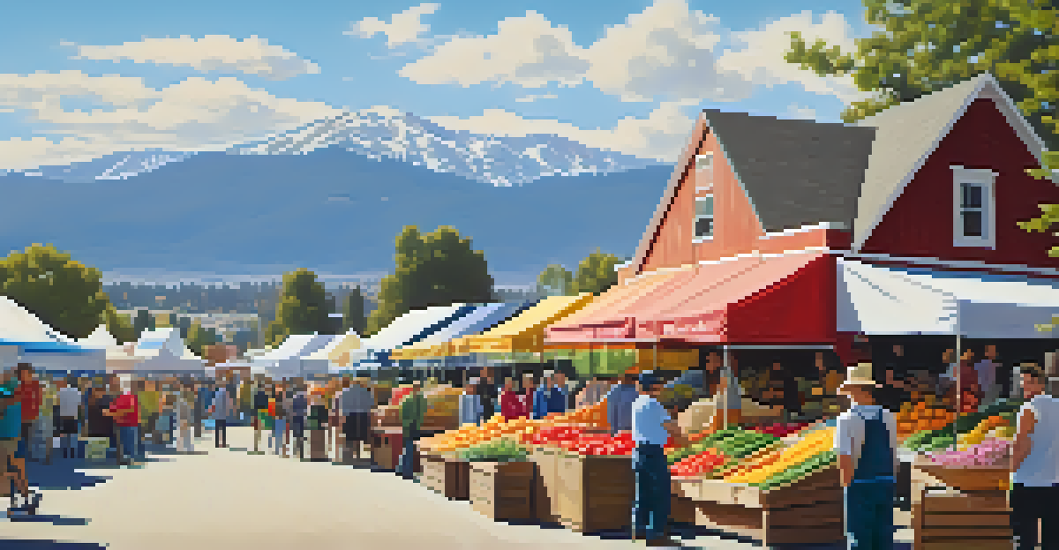 A lively farmers' market with colorful stalls of fresh produce and flowers, busy shoppers, and a scenic view of Big Bear in the background.
