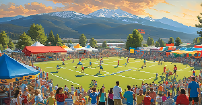 A lively scene at the Annual Summer Sports Festival featuring families and athletes participating in sports amidst a beautiful mountain backdrop.