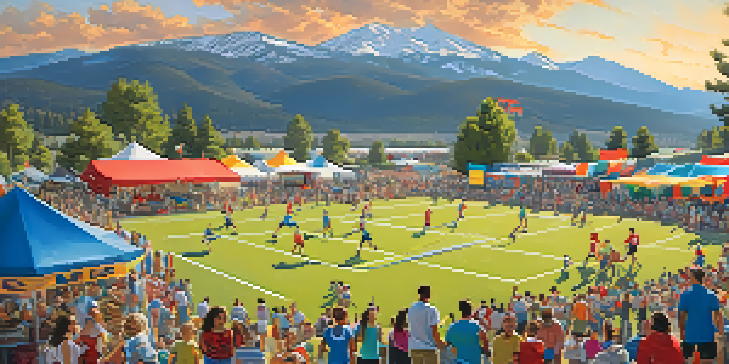 A lively scene at the Annual Summer Sports Festival featuring families and athletes participating in sports amidst a beautiful mountain backdrop.