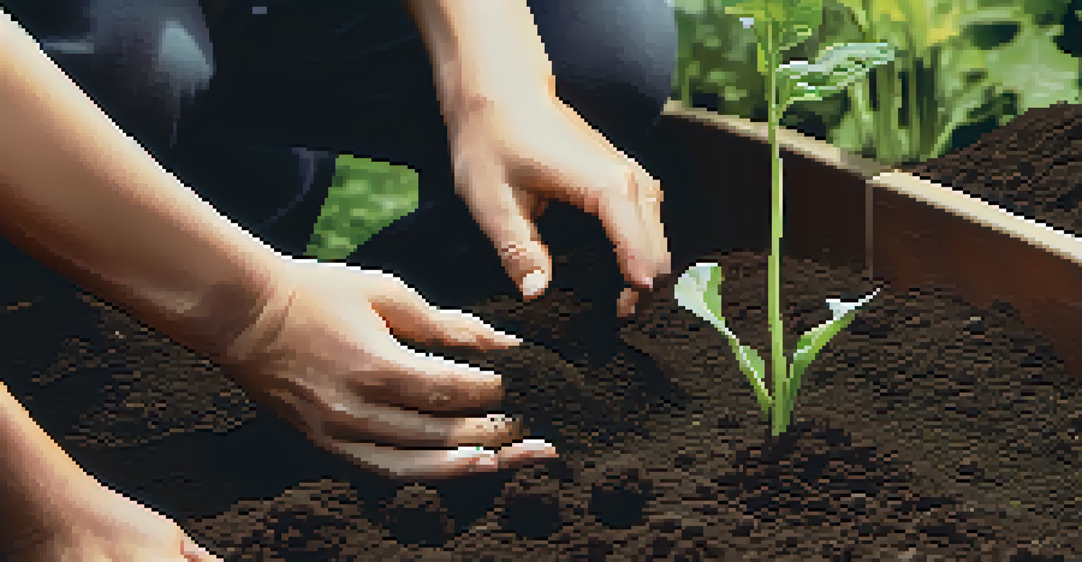 Close-up of hands planting seeds in dark soil, with blurred green plants and garden tools in the background.