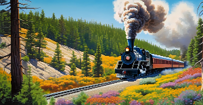 A vintage steam locomotive traveling through a lush forest with tall pine trees and colorful wildflowers in bloom.