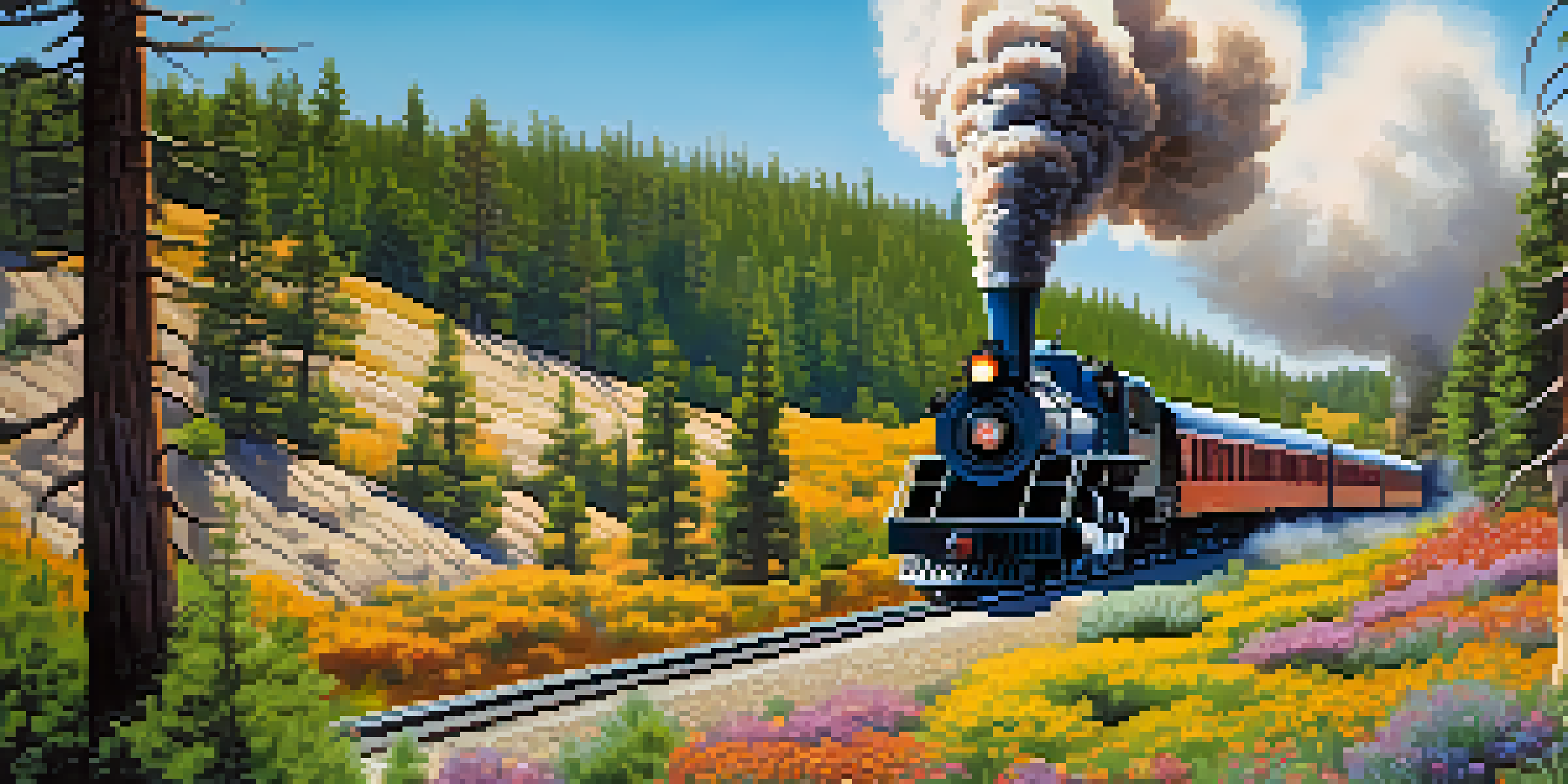 A vintage steam locomotive traveling through a lush forest with tall pine trees and colorful wildflowers in bloom.