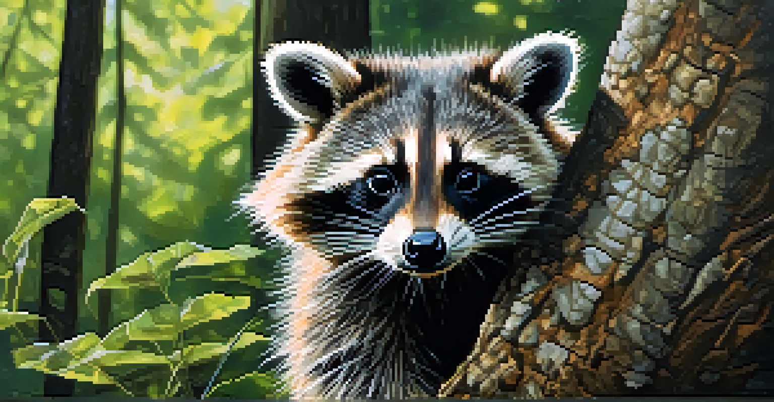 A curious raccoon peeking from behind a tree in a sunlit forest.