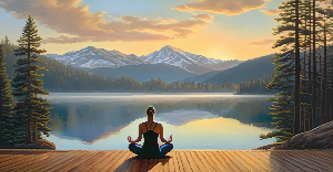 A person practicing yoga on a wooden deck surrounded by misty pine trees and a calm lake at sunrise.