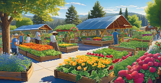 A lively community garden with people planting and watering fruits and vegetables, surrounded by flowers and greenery under a clear blue sky.