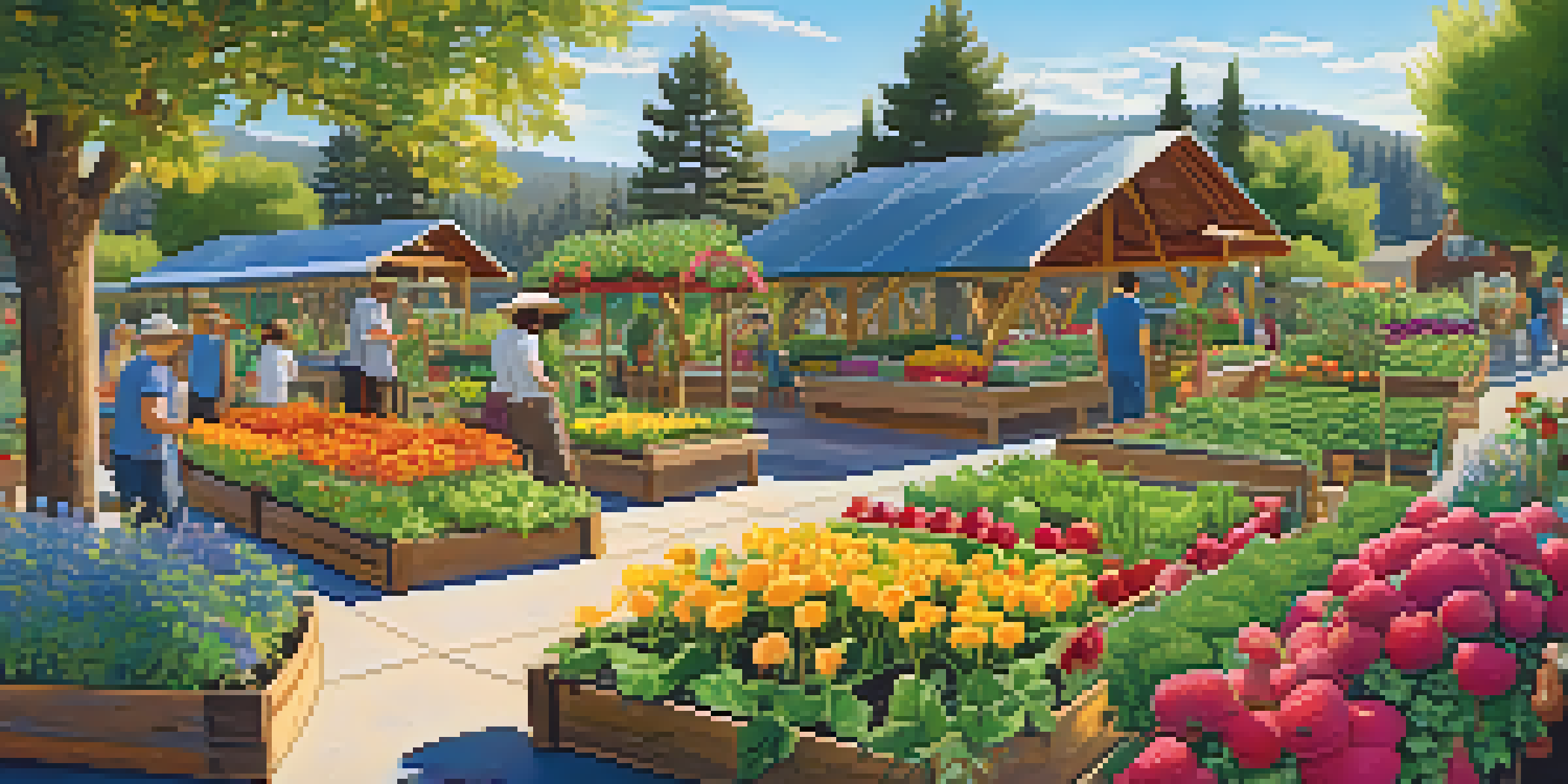 A lively community garden with people planting and watering fruits and vegetables, surrounded by flowers and greenery under a clear blue sky.