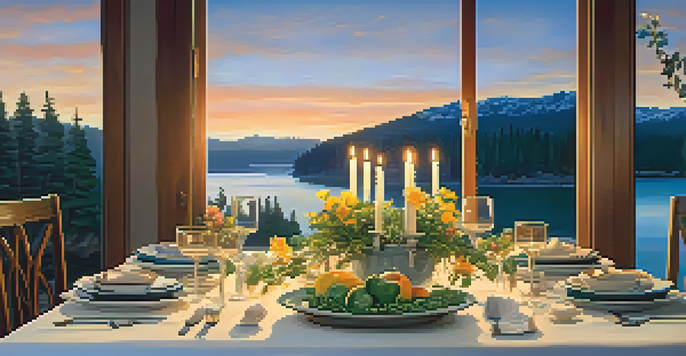 A dining table set for fine dining with a view of a lake and mountains during sunset, featuring elegant dinnerware and fresh flowers.